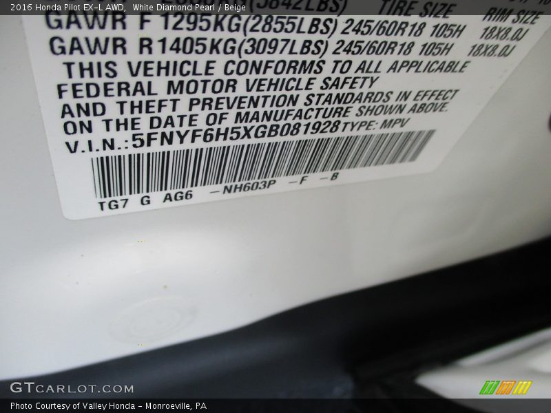 White Diamond Pearl / Beige 2016 Honda Pilot EX-L AWD
