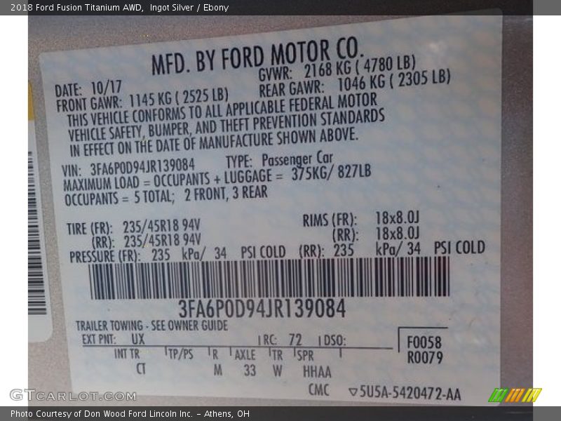 2018 Fusion Titanium AWD Ingot Silver Color Code UX
