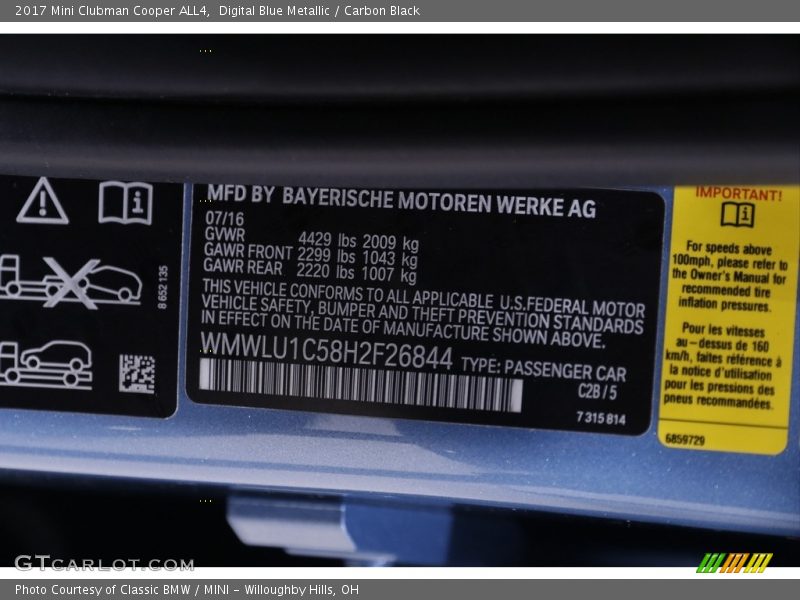 Digital Blue Metallic / Carbon Black 2017 Mini Clubman Cooper ALL4