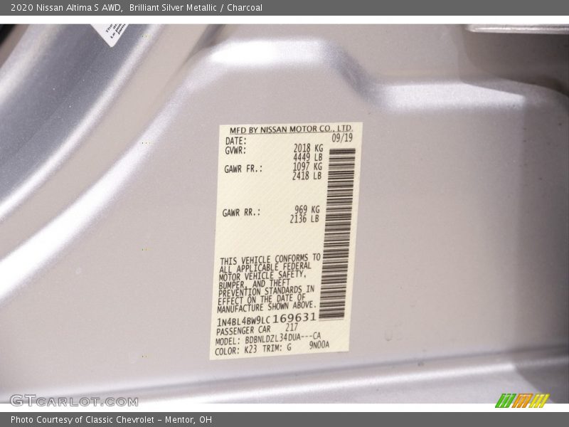 2020 Altima S AWD Brilliant Silver Metallic Color Code K23
