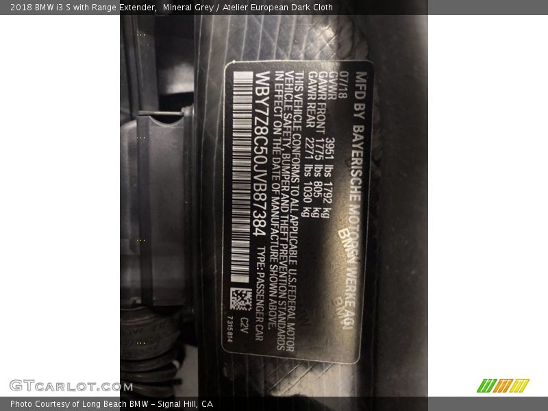 Mineral Grey / Atelier European Dark Cloth 2018 BMW i3 S with Range Extender