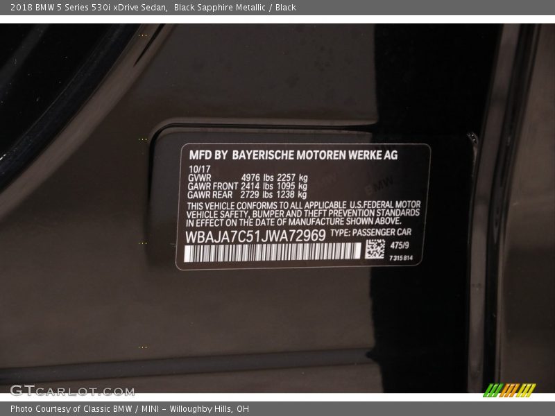 Black Sapphire Metallic / Black 2018 BMW 5 Series 530i xDrive Sedan