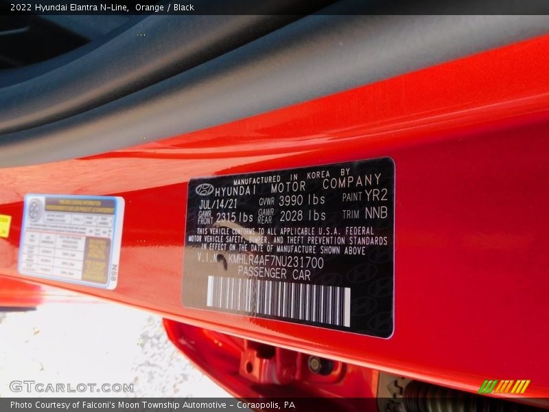 2022 Elantra N-Line Orange Color Code YR2