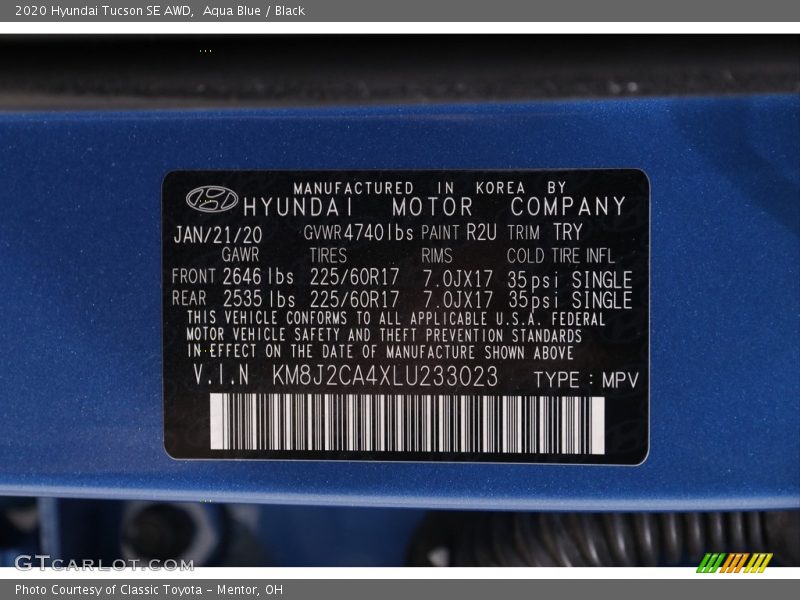 Aqua Blue / Black 2020 Hyundai Tucson SE AWD