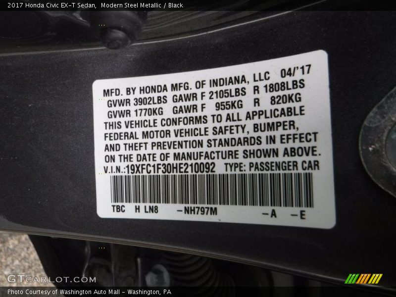 Modern Steel Metallic / Black 2017 Honda Civic EX-T Sedan
