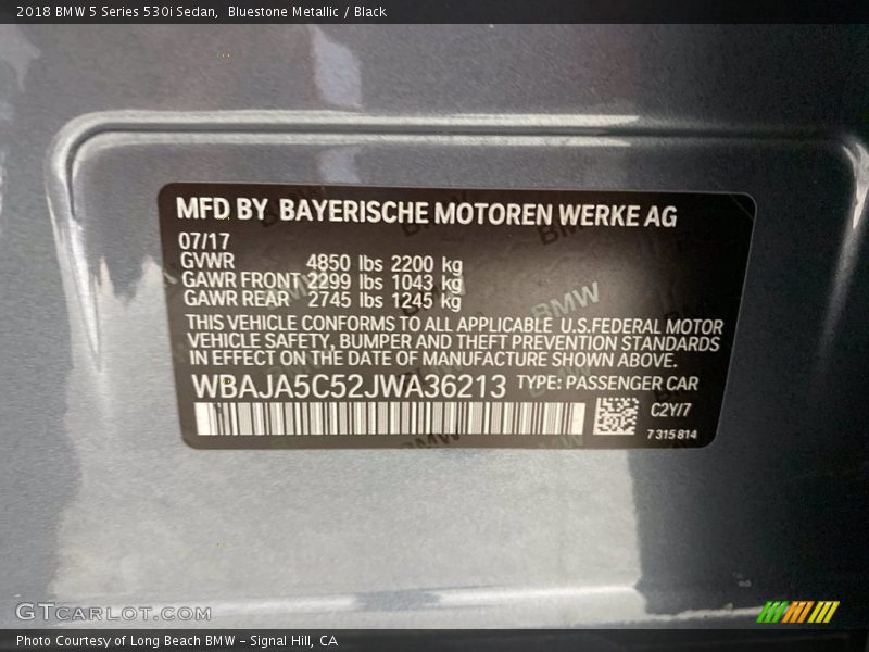 Bluestone Metallic / Black 2018 BMW 5 Series 530i Sedan
