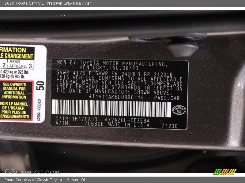 Predawn Gray Mica / Ash 2020 Toyota Camry L