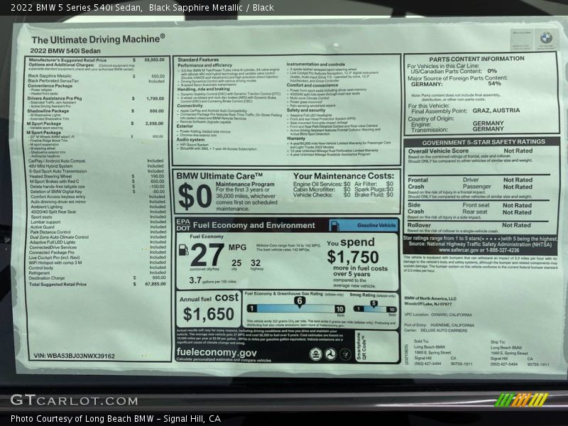  2022 5 Series 540i Sedan Window Sticker
