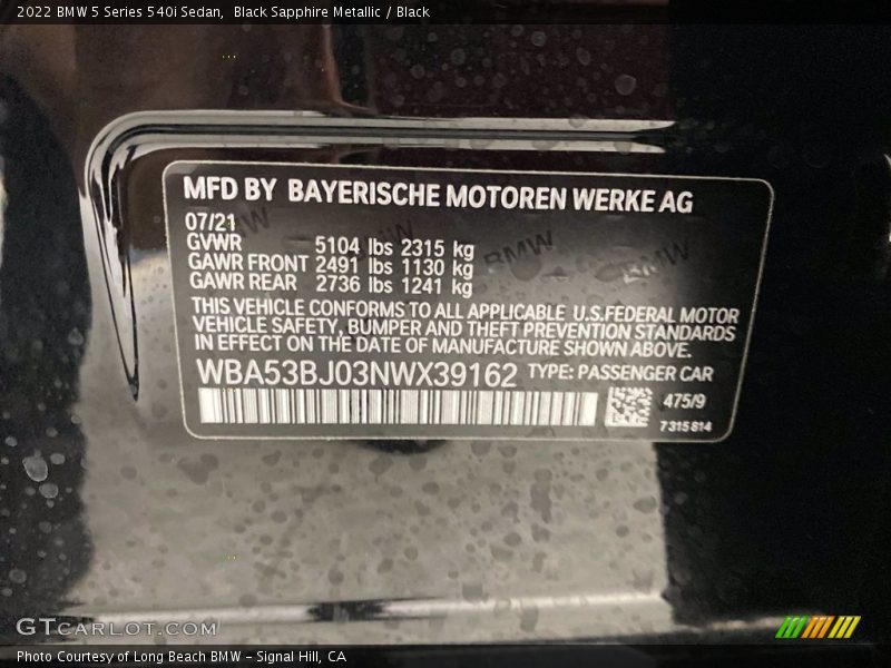 2022 5 Series 540i Sedan Black Sapphire Metallic Color Code 475