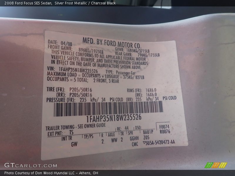 Silver Frost Metallic / Charcoal Black 2008 Ford Focus SES Sedan