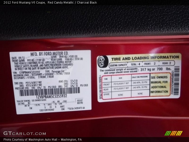 Red Candy Metallic / Charcoal Black 2012 Ford Mustang V6 Coupe