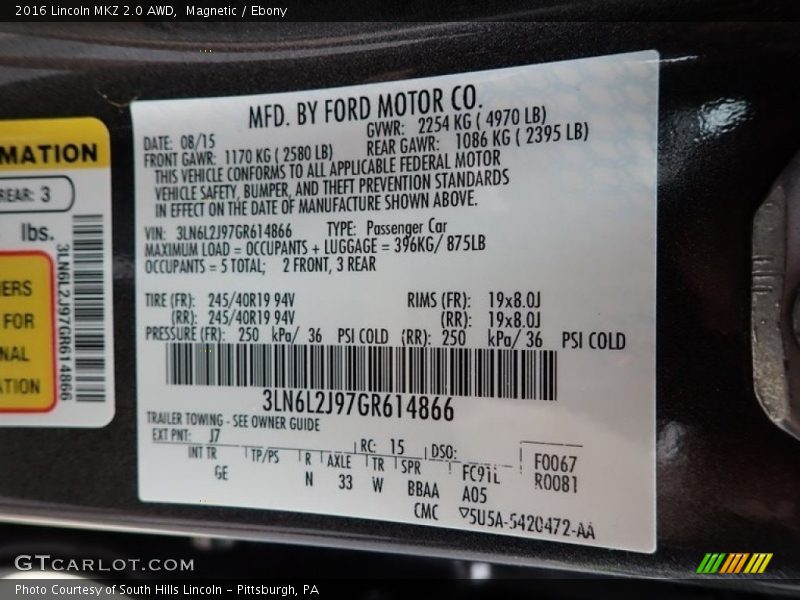 2016 MKZ 2.0 AWD Magnetic Color Code J7