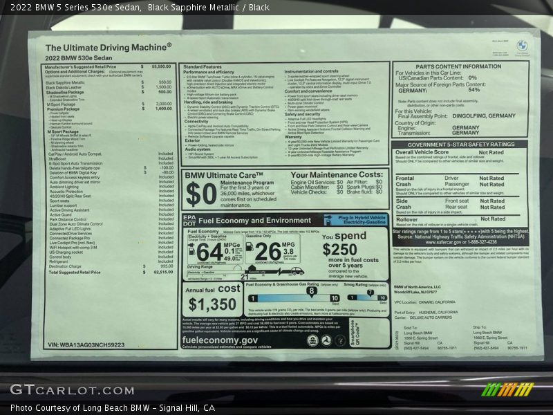  2022 5 Series 530e Sedan Window Sticker