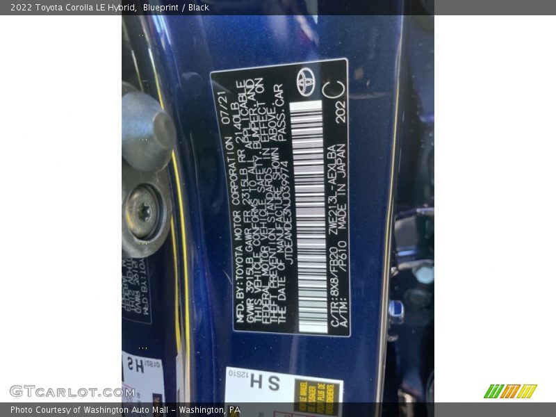 2022 Corolla LE Hybrid Blueprint Color Code 8X8