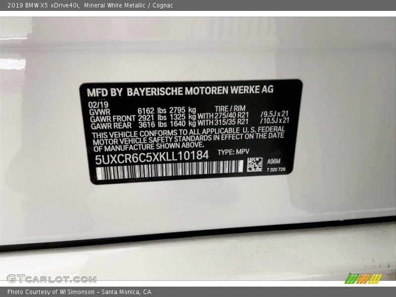 2019 X5 xDrive40i Mineral White Metallic Color Code A96
