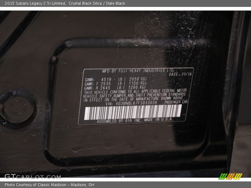 Crystal Black Silica / Slate Black 2015 Subaru Legacy 2.5i Limited