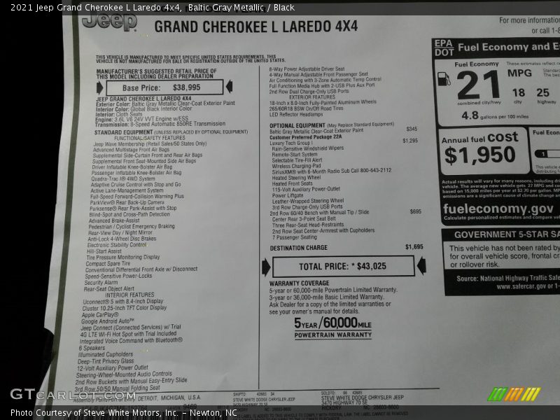  2021 Grand Cherokee L Laredo 4x4 Window Sticker