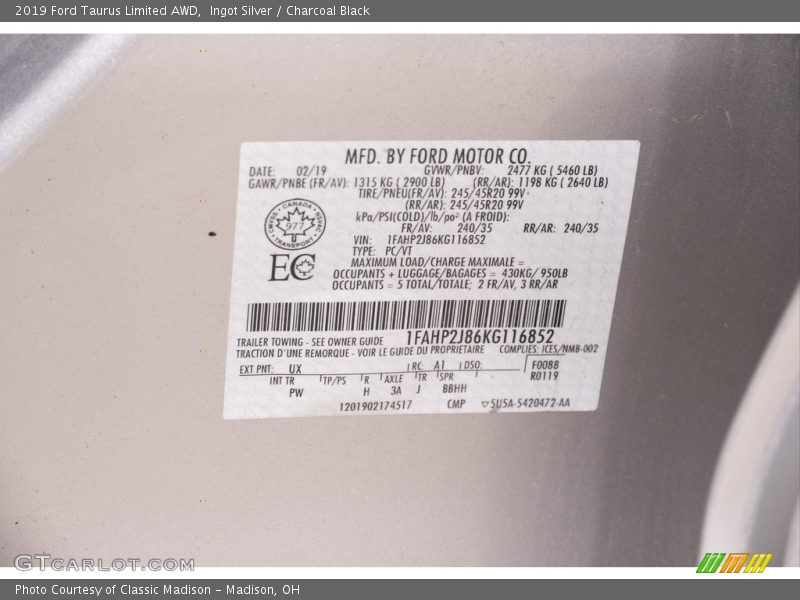 Ingot Silver / Charcoal Black 2019 Ford Taurus Limited AWD