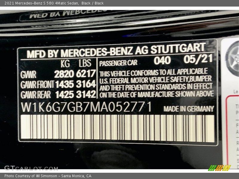2021 S 580 4Matic Sedan Black Color Code 040