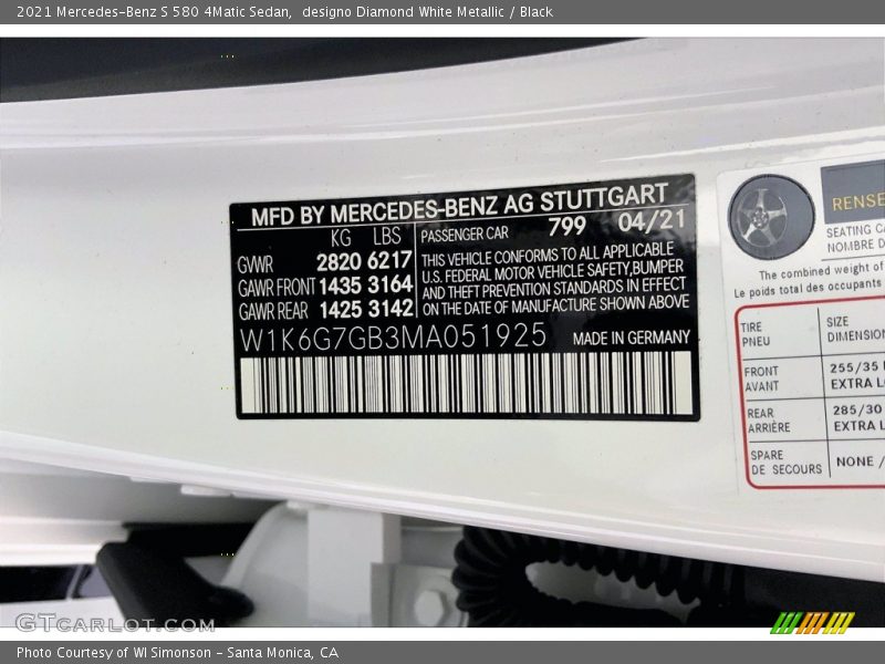 2021 S 580 4Matic Sedan designo Diamond White Metallic Color Code 799