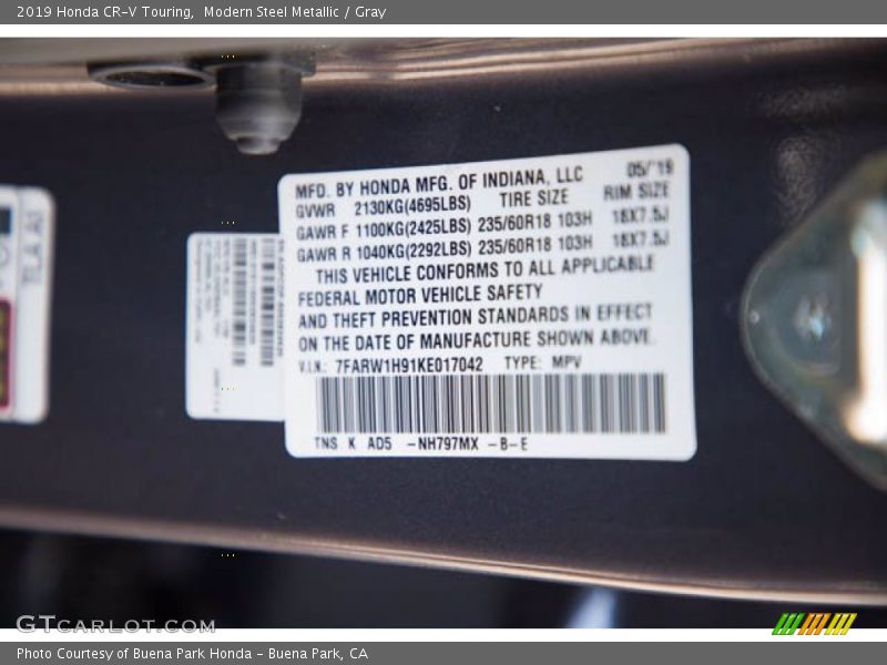Modern Steel Metallic / Gray 2019 Honda CR-V Touring