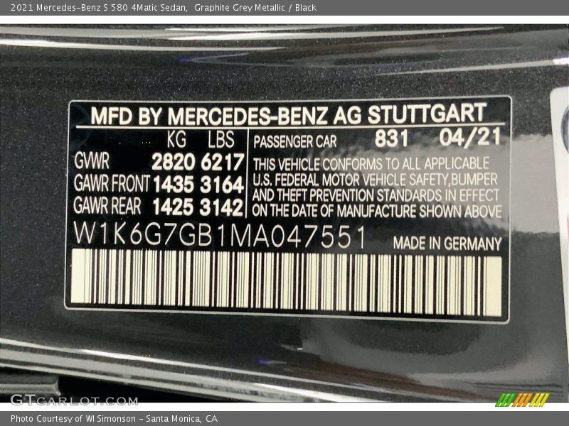 2021 S 580 4Matic Sedan Graphite Grey Metallic Color Code 831