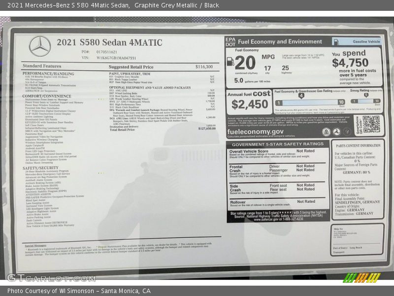  2021 S 580 4Matic Sedan Window Sticker