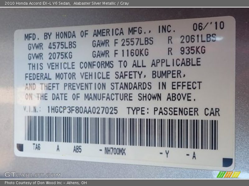 Alabaster Silver Metallic / Gray 2010 Honda Accord EX-L V6 Sedan