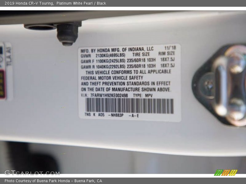 Platinum White Pearl / Black 2019 Honda CR-V Touring