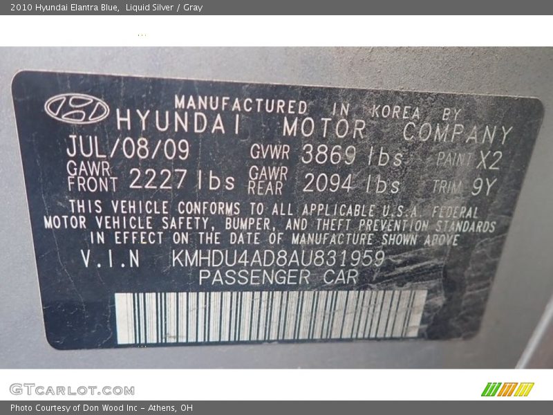 Liquid Silver / Gray 2010 Hyundai Elantra Blue