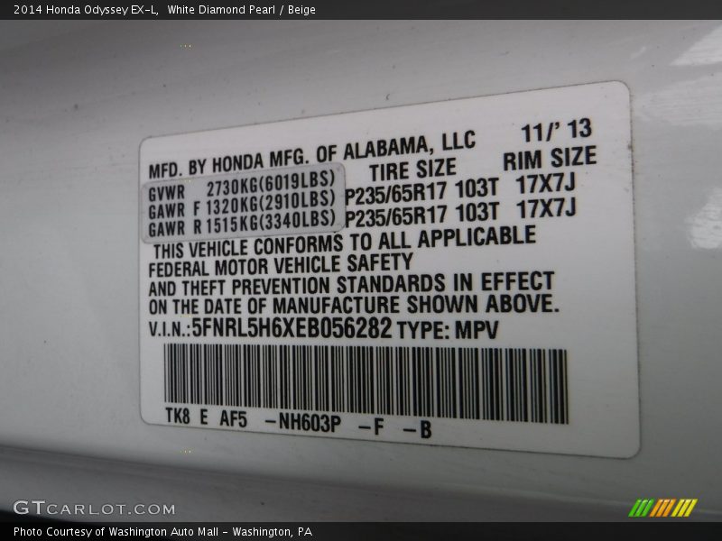 White Diamond Pearl / Beige 2014 Honda Odyssey EX-L