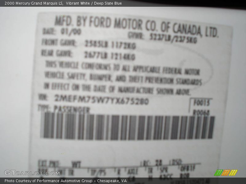 Vibrant White / Deep Slate Blue 2000 Mercury Grand Marquis LS