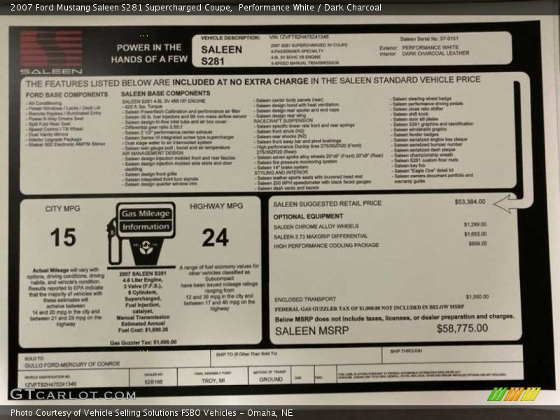  2007 Mustang Saleen S281 Supercharged Coupe Window Sticker