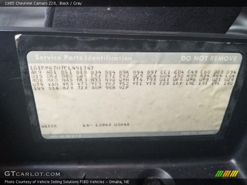 Black / Gray 1985 Chevrolet Camaro Z28