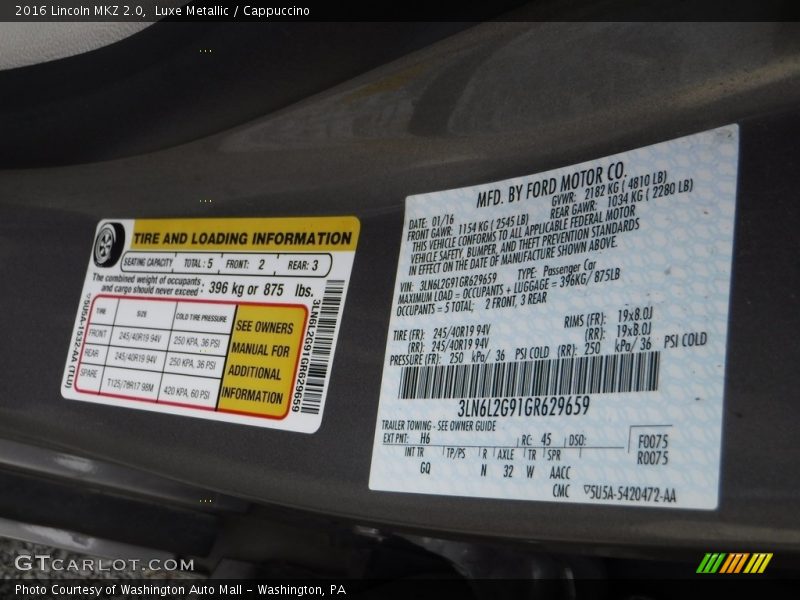 2016 MKZ 2.0 Luxe Metallic Color Code H6