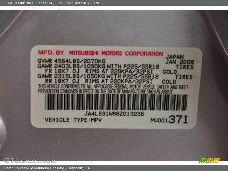 Cool Silver Metallic / Black 2008 Mitsubishi Outlander SE