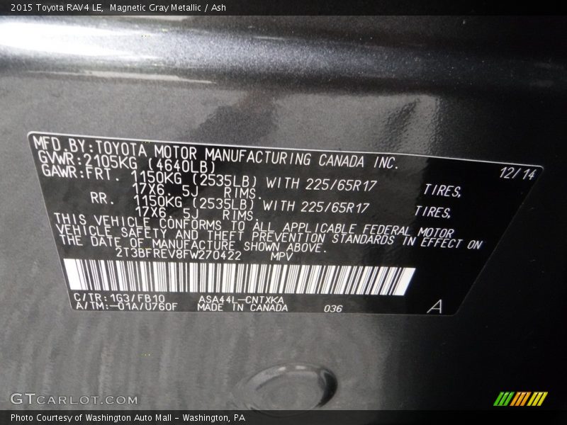 Magnetic Gray Metallic / Ash 2015 Toyota RAV4 LE