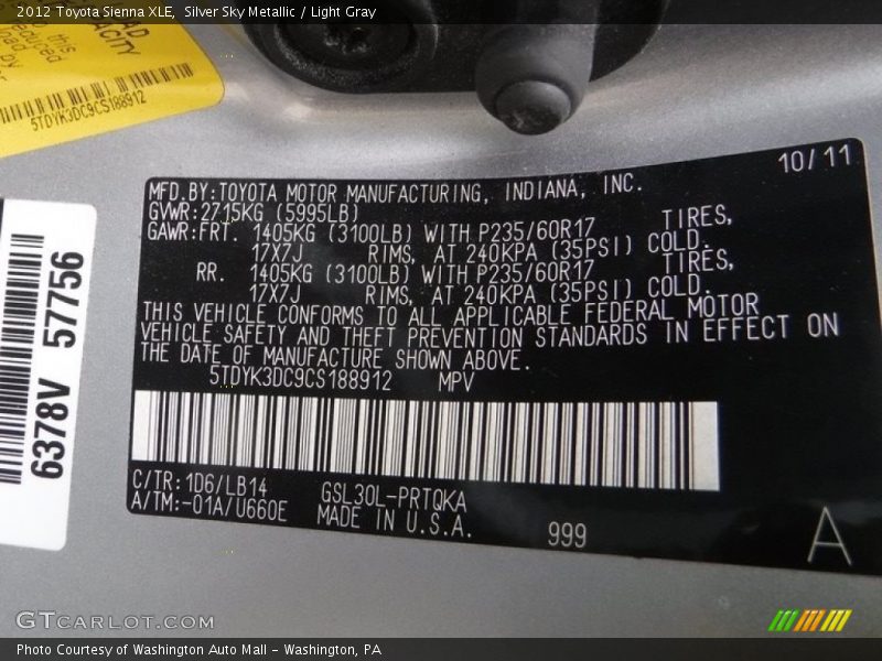 Silver Sky Metallic / Light Gray 2012 Toyota Sienna XLE