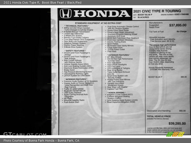 Boost Blue Pearl / Black/Red 2021 Honda Civic Type R