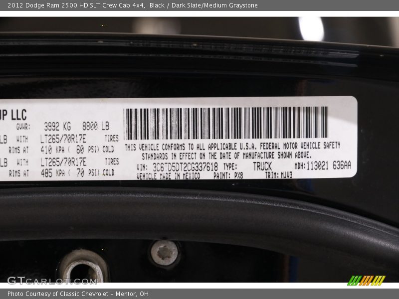 Black / Dark Slate/Medium Graystone 2012 Dodge Ram 2500 HD SLT Crew Cab 4x4