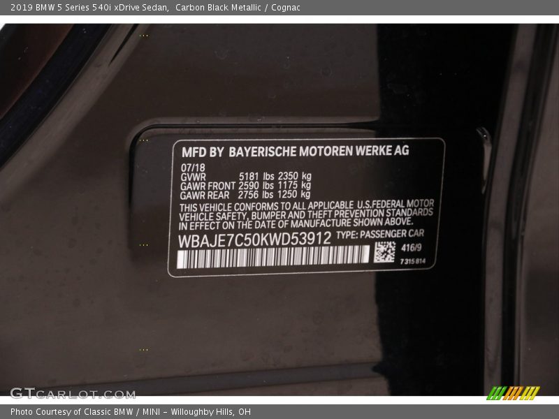 Carbon Black Metallic / Cognac 2019 BMW 5 Series 540i xDrive Sedan