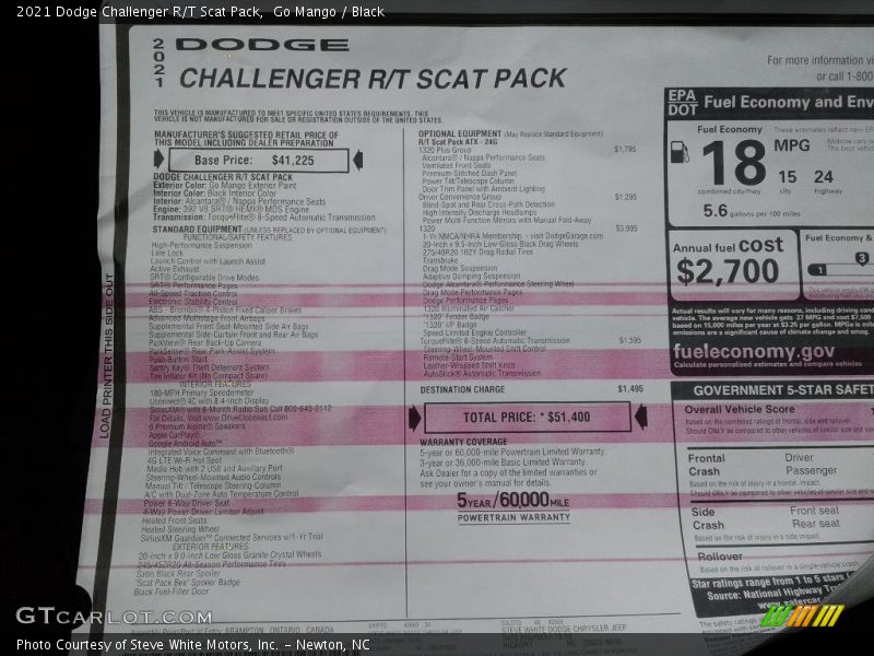  2021 Challenger R/T Scat Pack Window Sticker