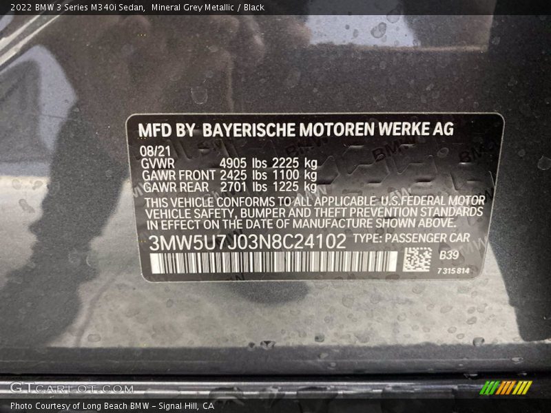 2022 3 Series M340i Sedan Mineral Grey Metallic Color Code B39