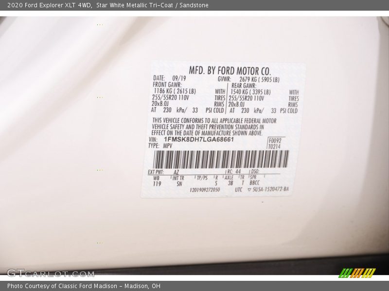 Star White Metallic Tri-Coat / Sandstone 2020 Ford Explorer XLT 4WD