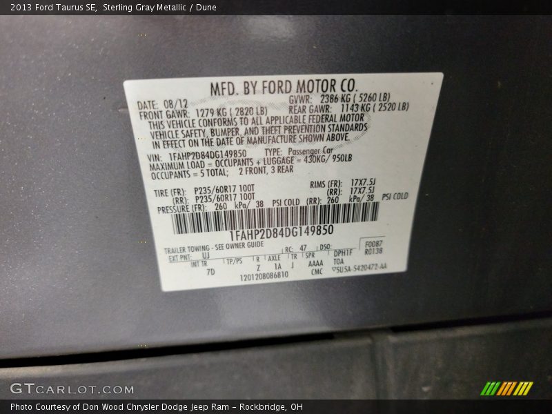 Sterling Gray Metallic / Dune 2013 Ford Taurus SE