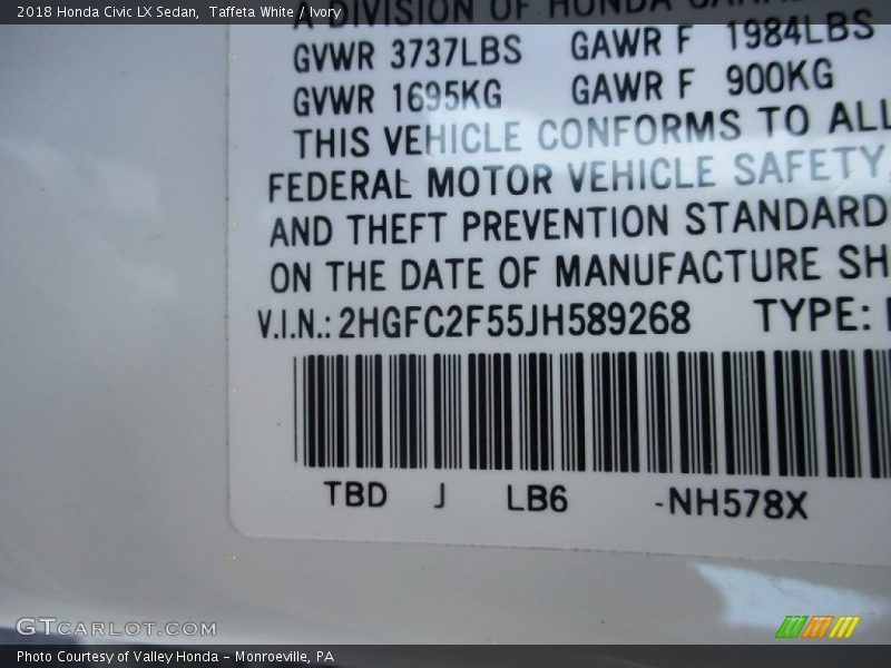 Taffeta White / Ivory 2018 Honda Civic LX Sedan