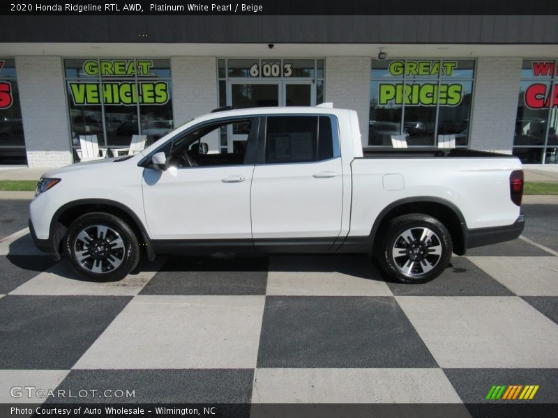 Platinum White Pearl / Beige 2020 Honda Ridgeline RTL AWD