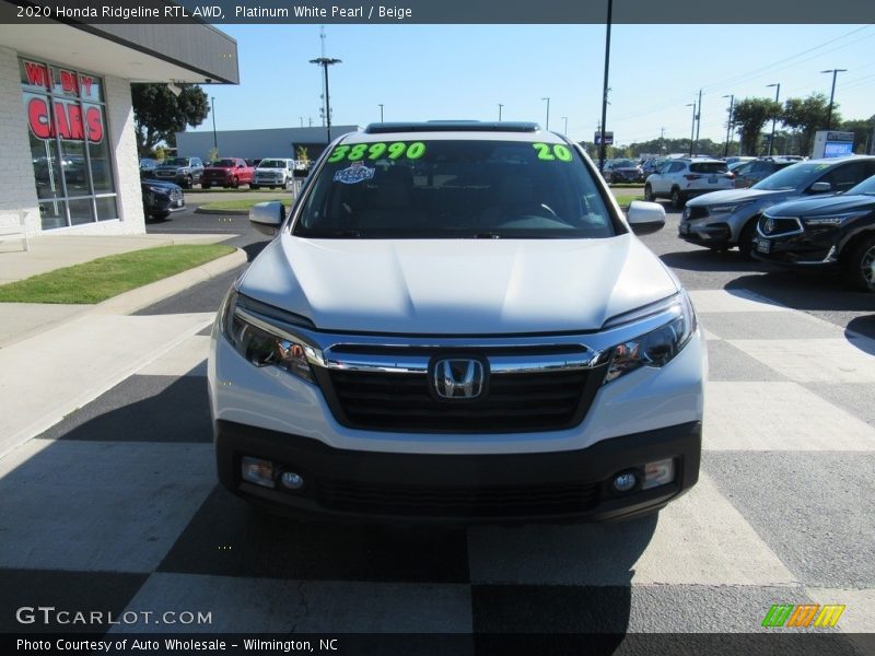 Platinum White Pearl / Beige 2020 Honda Ridgeline RTL AWD