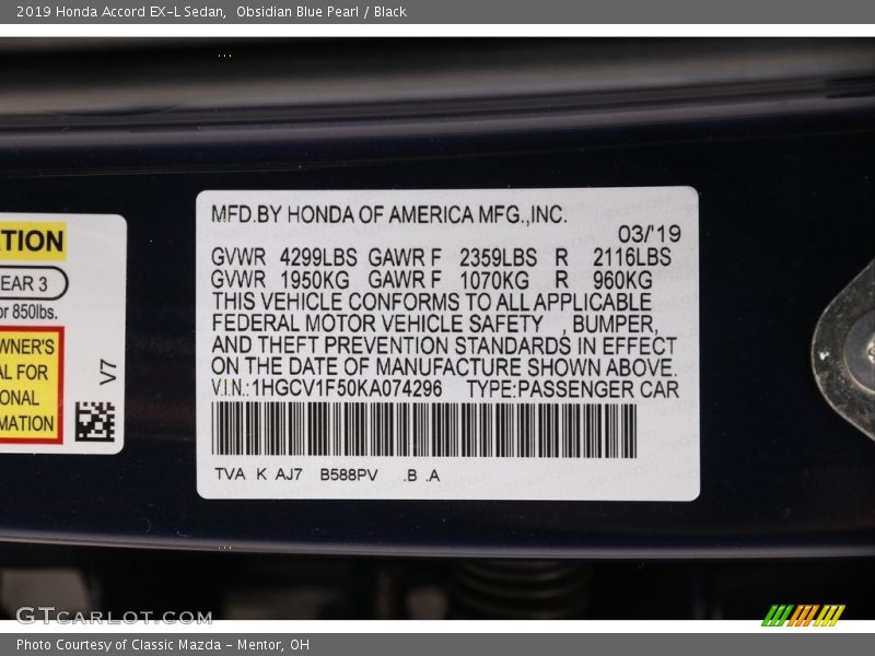 Obsidian Blue Pearl / Black 2019 Honda Accord EX-L Sedan