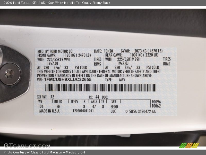 Star White Metallic Tri-Coat / Ebony Black 2020 Ford Escape SEL 4WD